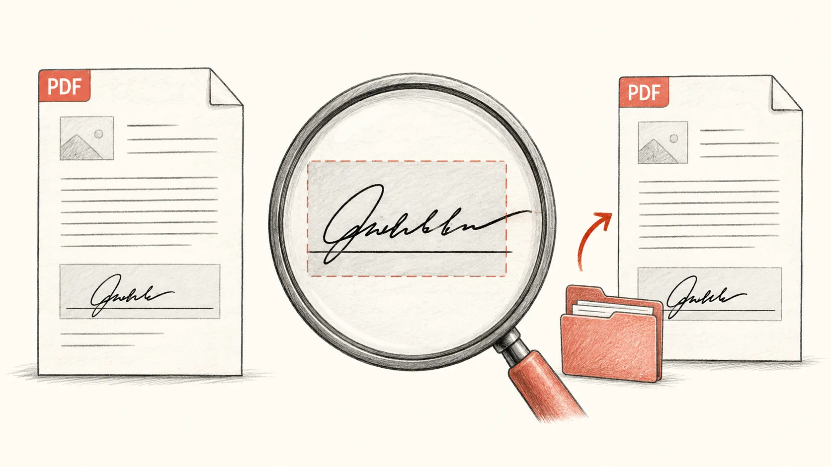 Illustrated checks for signature placement, visible shading and a saved PDF copy